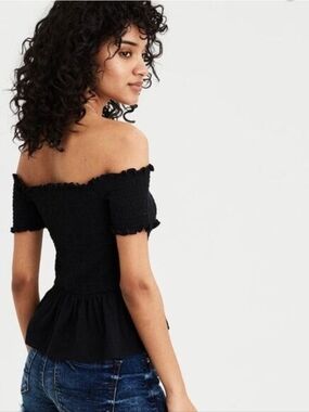 American Eagle Black Smocked Off The Shoulder Shirt
